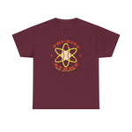 Tri-City Atoms Heavyweight T-Shirt in maroon with the Tri-City Atoms logo, a baseball at the center of a yellow atom with orbiting electrons on the front