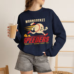Woonsocket Speeders Crewneck Sweatshirt in navy with the Woonsocket Speeders logo, a running baseball character with speed lines and its cap flying off, over Speeders in bold red italic letters on the front, worn by model