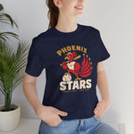 Phoenix Stars Premium Lightweight T-Shirt in navy with the Phoenix Stars logo, a red phoenix bird holding a bat, ringed by stars on the front, worn by model