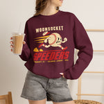 Woonsocket Speeders Crewneck Sweatshirt in maroon with the Woonsocket Speeders logo, a running baseball character with speed lines and its cap flying off, over Speeders in bold red italic letters on the front, worn by model