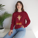 Providence Rubes Crewneck Sweatshirt in cardinal red with the Providence Rubes logo, a 1920s pitcher in a straw farmer's hat with a stalk of wheat in his teeth at the top of his leg kick, over Providence Rubes 1926 Champions on the front, worn by model