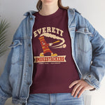 Everett Smokestackers Heavyweight T-Shirt in maroon with the Everett Smokestackers logo, a cartoon smokestack swinging a bat with a trail of smoke on the front, worn by model