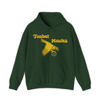 Bend Timber Hawks Hoodie in forest green with the Bend Timber Hawks logo, a diving gold hawk clutching a baseball on the front