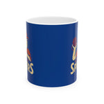 White ceramic Greenville Spinners baseball mug with blue background, available in 11oz and 15oz sizes