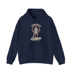 Louisville Eclipse Hoodie in navy with the Louisville Eclipse logo, an 1880s ballplayer leaning on a bat in front of a red sunburst on the front