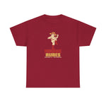 Providence Rubes Heavyweight T-Shirt in cardinal red with the Providence Rubes logo, a 1920s pitcher in a straw farmer's hat with a stalk of wheat in his teeth at the top of his leg kick, over Providence Rubes 1926 Champions on the front