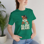 Globe Bears Premium Lightweight T-Shirt in kelly with the Globe Bears logo, a scowling bear cub in a ball cap and glove on the front, worn by model