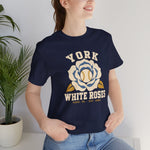 York White Roses Premium Lightweight T-Shirt in navy with the York White Roses logo, a cream and blue rose with a baseball at its center on the front, worn by model