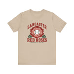 Lancaster Red Roses Premium Lightweight T-Shirt in tan with the Lancaster Red Roses logo, a red rose with a baseball at its center on the front