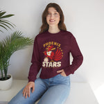 Phoenix Stars Crewneck Sweatshirt in maroon with the Phoenix Stars logo, a red phoenix bird holding a bat, ringed by stars on the front, worn by model