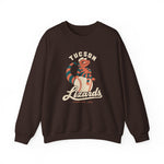 Tucson Lizards Crewneck Sweatshirt in dark chocolate with the Tucson Lizards logo, a striped lizard in a ball cap lounging on a baseball on the front