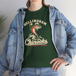 Bellingham Chinooks Heavyweight T-Shirt in forest green with the Bellingham Chinooks logo, a leaping chinook salmon in a ball cap above splashing water and script lettering on the front, worn by model
