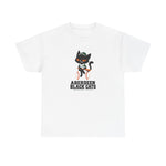 Aberdeen Black Cats Heavyweight T-Shirt in white with the Aberdeen Black Cats logo, a black cat in a green cap and jersey sitting on a baseball holding a bat on the front