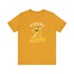 Eugene Larks Premium Lightweight T-Shirt in mustard with the Eugene Larks logo, a cartoon meadowlark with a bat and a baseball on the front