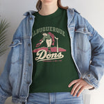 Albuquerque Dons Heavyweight T-Shirt in forest green with the Albuquerque Dons logo, a caped ballplayer bowing with his hat swept off in front of pink mountains, with Dons in cream script on the front, worn by model