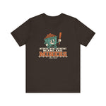 Miami Miners Premium Lightweight T-Shirt in brown with the Miami Miners logo, a smiling ore cart holding a bat on a mine track on the front