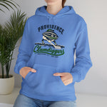 Providence Clamdiggers Hoodie in carolina blue with the Providence Clamdiggers logo, a quahog clam character in a green cap raking a Narragansett Bay mudflat, with Clamdiggers in green script on the front, worn by model