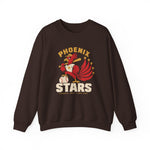 Phoenix Stars Crewneck Sweatshirt in dark chocolate with the Phoenix Stars logo, a red phoenix bird holding a bat, ringed by stars on the front