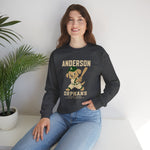 Anderson Orphans Crewneck Sweatshirt in dark heather with the golden dog batter in a cap and green striped jersey on the front, worn by model