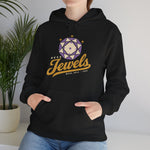 Mesa Jewels Hoodie in black with the Mesa Jewels logo, a faceted purple gem with a baseball diamond above Jewels script on the front, worn by model