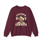 Tucson Cowboys Crewneck Sweatshirt in maroon with the Tucson Cowboys logo, a cowboy in front of a saguaro with 1941 and 1953 pennant banners on the front