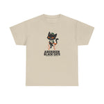 Aberdeen Black Cats Heavyweight T-Shirt in sand with the Aberdeen Black Cats logo, a black cat in a green cap and jersey sitting on a baseball holding a bat on the front