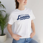 Grays Harbor Loggers Premium Lightweight T-Shirt in white with the Grays Harbor Loggers logo, script lettering with a tail swash on the front, worn by model