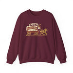 Clovis Pioneers Crewneck Sweatshirt in maroon with the Clovis Pioneers logo, a ballplayer with a raised bat riding a horse-drawn covered wagon, with Pioneers on the canvas on the front