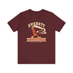 Everett Smokestackers Premium Lightweight T-Shirt in maroon with the Everett Smokestackers logo, a cartoon smokestack swinging a bat with a trail of smoke on the front