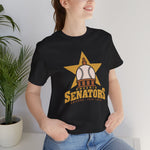 Phoenix Senators Premium Lightweight T-Shirt in black with the Phoenix Senators logo, a baseball as the capitol dome in front of a gold star on the front, worn by model