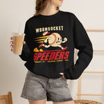 Woonsocket Speeders Crewneck Sweatshirt in black with the Woonsocket Speeders logo, a running baseball character with speed lines and its cap flying off, over Speeders in bold red italic letters on the front, worn by model