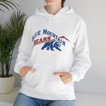 Blue Mountain Bears Hoodie in white with the Blue Mountain Bears logo, a snarling bear below a red mountain peak on the front, worn by model