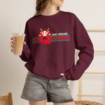 East Chicago Conquistadors Crewneck Sweatshirt in maroon with the East Chicago Conquistadors logo, a feathered baseball crest over striped lettering on the front, worn by model