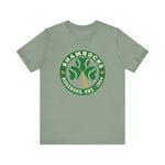 Roseburg Shamrocks Premium Lightweight T-Shirt in sage with the Roseburg Shamrocks logo, a shamrock of baseballs with a bat stem in a green ring on the front