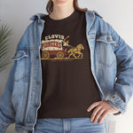 Clovis Pioneers Heavyweight T-Shirt in dark chocolate with the Clovis Pioneers logo, a ballplayer with a raised bat riding a horse-drawn covered wagon, with Pioneers on the canvas on the front, worn by model