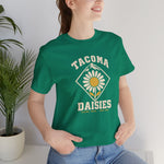 Tacoma Daisies Premium Lightweight T-Shirt in kelly with the Tacoma Daisies logo, a daisy inside a diamond with a mountain peak above on the front, worn by model