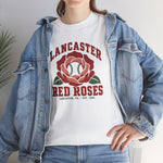 Lancaster Red Roses Heavyweight T-Shirt in white with the Lancaster Red Roses logo, a red rose with a baseball at its center on the front, worn by model