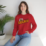 Reno BlackJacks Crewneck Sweatshirt in red with the Reno BlackJacks logo, a Jack of Spades holding a bat above slanted BlackJacks lettering on the front, worn by model