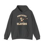 Pawtucket Slaters Hoodie in dark heather with the Pawtucket Slaters logo, a cotton mill bobbin character in a ball cap swinging a bat, with a loose thread trailing behind on the front