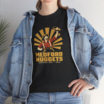 Medford Nuggets Heavyweight T-Shirt in black with the Medford Nuggets logo, a gold prospector catching a baseball in his pan on the front, worn by model