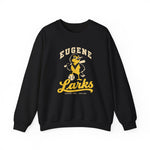 Eugene Larks Crewneck Sweatshirt in black with the Eugene Larks logo, a cartoon meadowlark with a bat and a baseball on the front