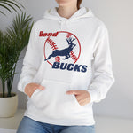 Bend Bucks Hoodie in white with the Bend Bucks logo, a leaping buck over a red-stitched baseball on the front, worn by model
