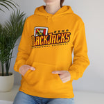 Reno BlackJacks Hoodie in gold with the Reno BlackJacks logo, a Jack of Spades holding a bat above slanted BlackJacks lettering on the front, worn by model