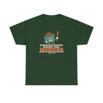 Miami Miners Heavyweight T-Shirt in forest green with the Miami Miners logo, a smiling ore cart holding a bat on a mine track on the front