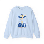 Sarasota Gulls Crewneck Sweatshirt in light blue with the cream cartoon gull balancing on a baseball with wings spread on the front