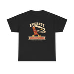 Everett Smokestackers Heavyweight T-Shirt in black with the Everett Smokestackers logo, a cartoon smokestack swinging a bat with a trail of smoke on the front