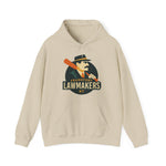 Beige hoodie with vintage Frankfort Lawmakers baseball team logo featuring a man holding a bat, Kentucky design