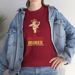 Providence Rubes Heavyweight T-Shirt in cardinal red with the Providence Rubes logo, a 1920s pitcher in a straw farmer's hat with a stalk of wheat in his teeth at the top of his leg kick, over Providence Rubes 1926 Champions on the front, worn by model