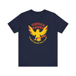Navy Topeka Hawks vintage baseball team t-shirt with yellow hawk graphic and red text design.