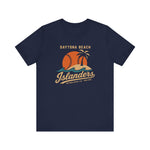 Daytona Beach Islanders Premium Lightweight T-Shirt in navy with the orange sunset behind a palm island with stitched baseball waves on the front